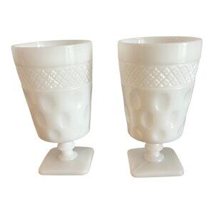 Vtg Milk Glass Goblets Set Of 2 With Diamond & Thumbprint Pattern Pedestal 5.5"